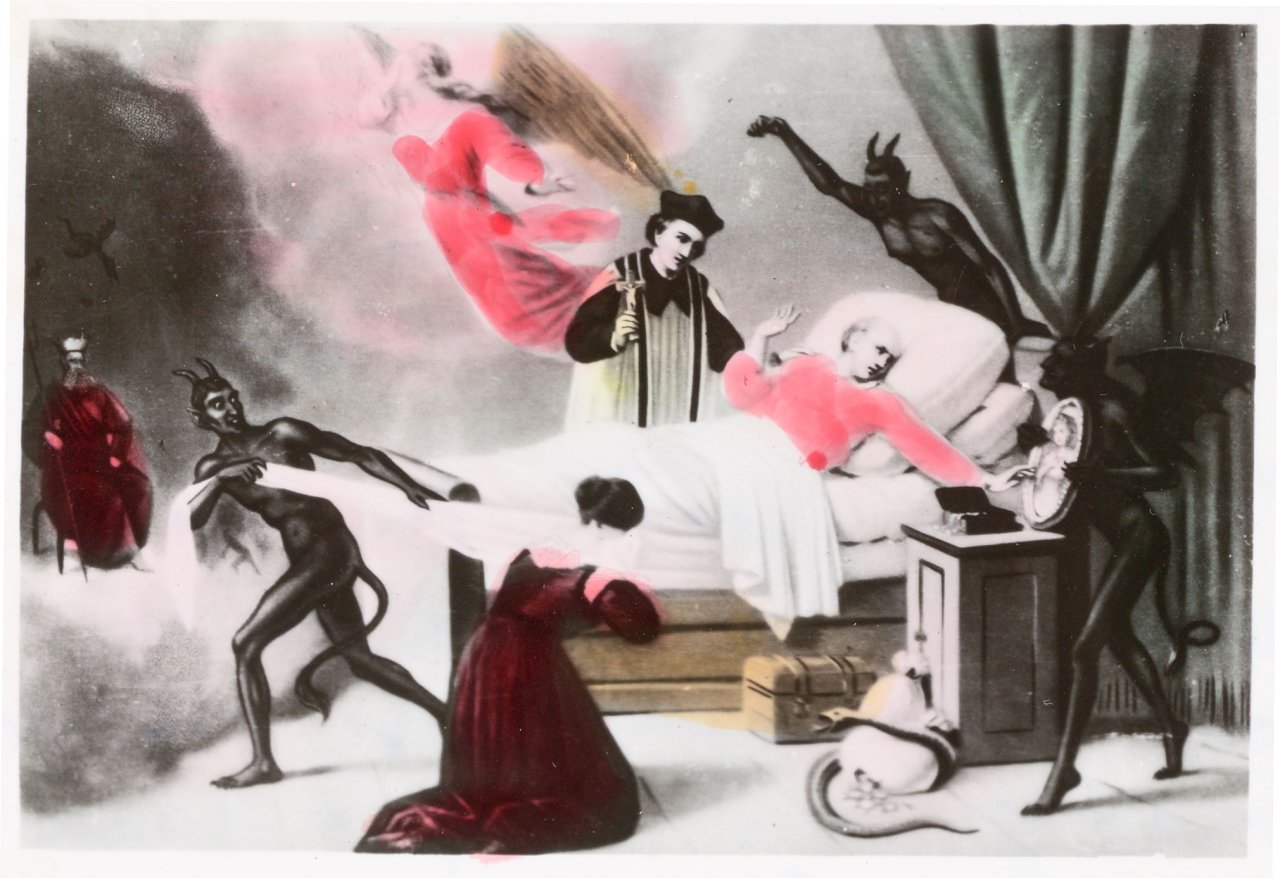 Auf diesem Bild ist das folgende Kunstwerk zu sehen: Sigmar Polke. Paganini's Deathbed with Three Devils. 1995.