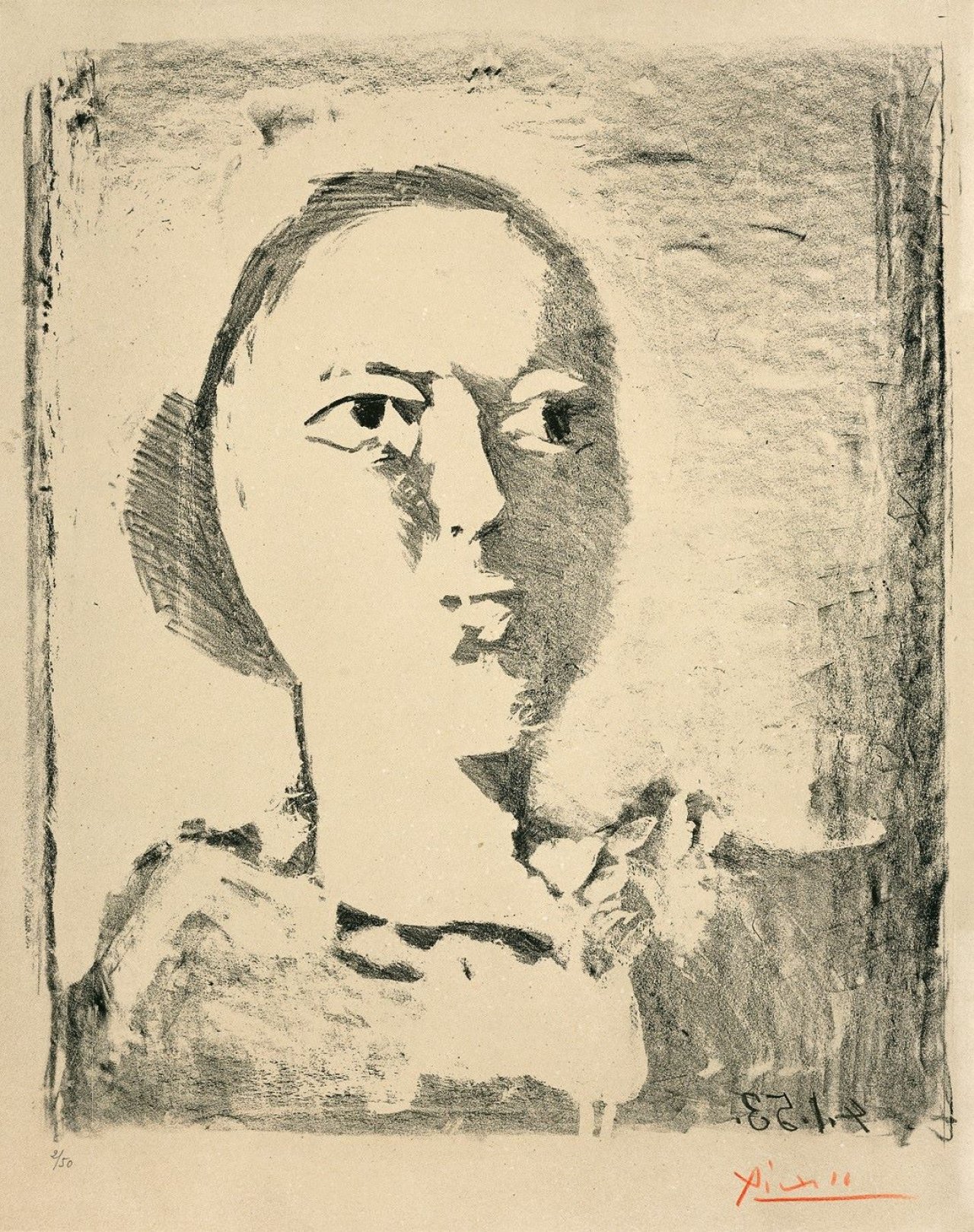 Auf diesem Bild ist das folgende Kunstwerk zu sehen: Pablo Picasso. „Tête de femme de trois quarts“. 1953.