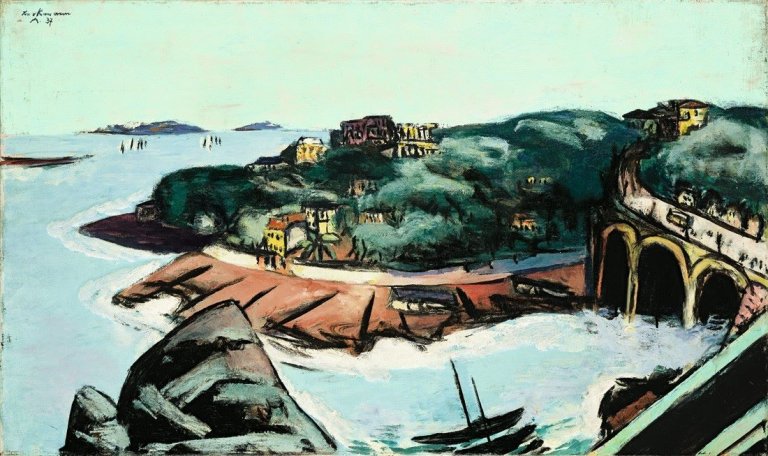 Auf diesem Bild ist das folgende Kunstwerk zu sehen: Max Beckmann. „Blick auf Vorstädte am Meer bei Marseille“. 1937.