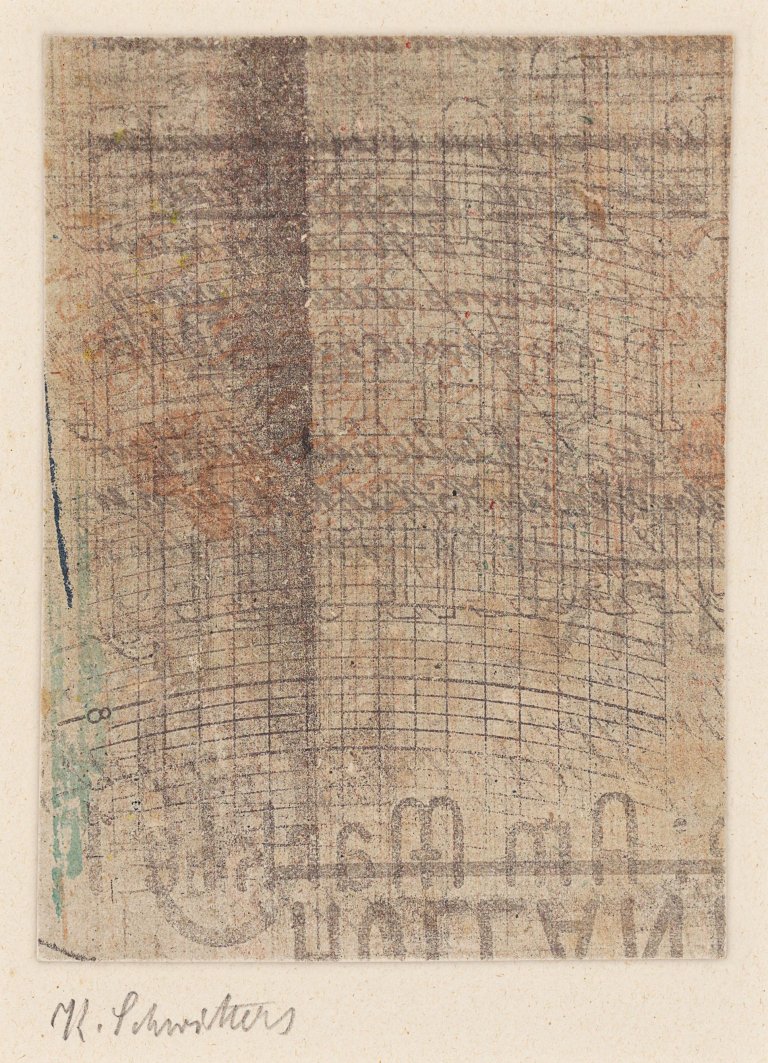 Auf diesem Bild ist das folgende Kunstwerk zu sehen: Kurt Schwitters. „Ohne Titel (Schwarzes Gitter)“. 1932.