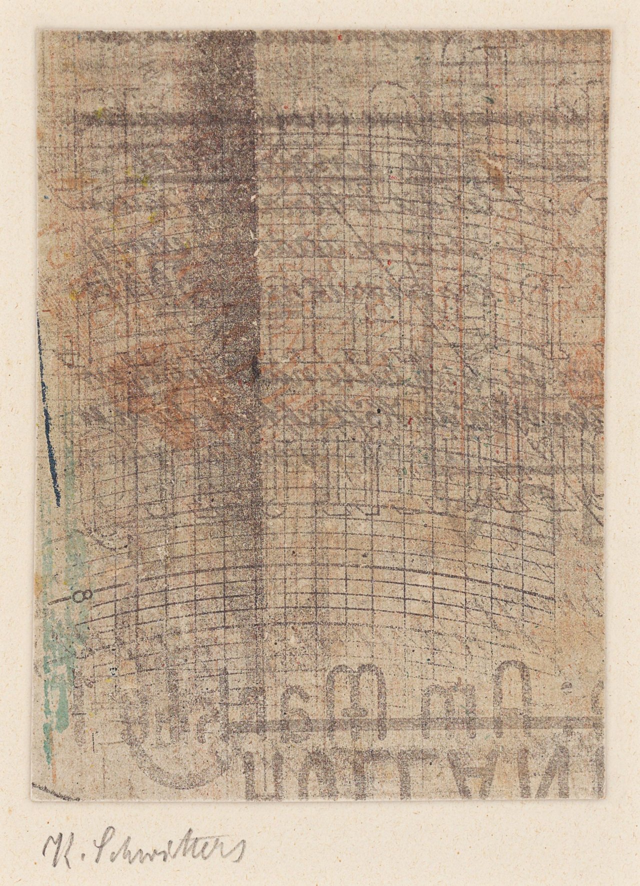 Auf diesem Bild ist das folgende Kunstwerk zu sehen: Kurt Schwitters. „Ohne Titel (Schwarzes Gitter)“. 1932.