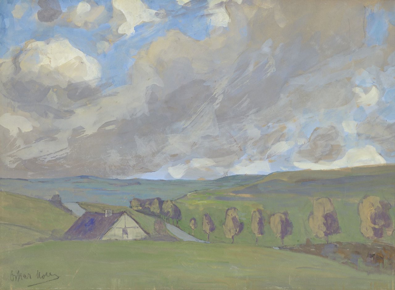 Auf diesem Bild ist das folgende Kunstwerk zu sehen: Oskar Moll. „Wolkenverhangener Himmel über dem Glatzer Bergvorland“. Um 1900.