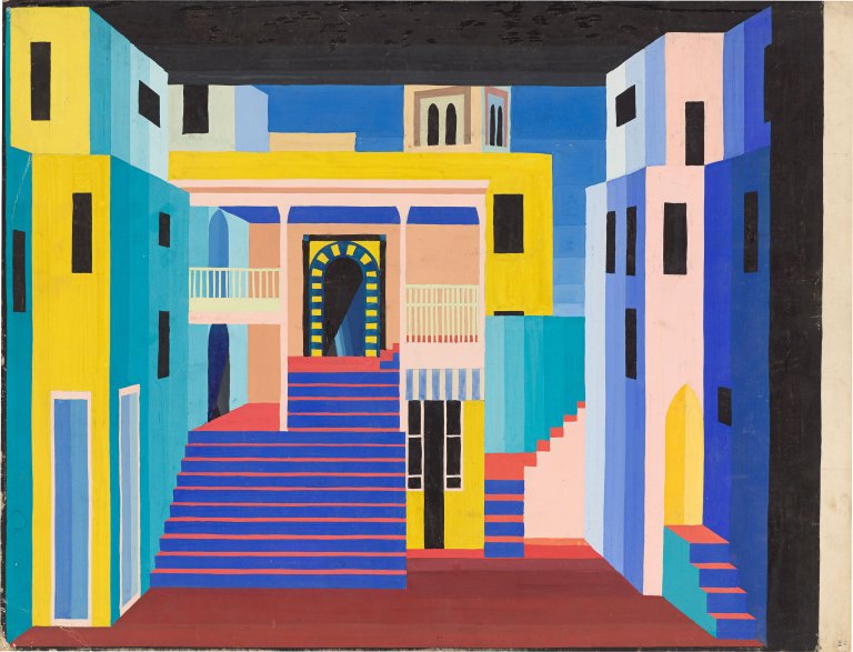 Auf diesem Bild ist das folgende Kunstwerk zu sehen: Sascha Wiederhold. Bühnenbildentwurf (Stadtinneres mit Treppen). 1928–30.