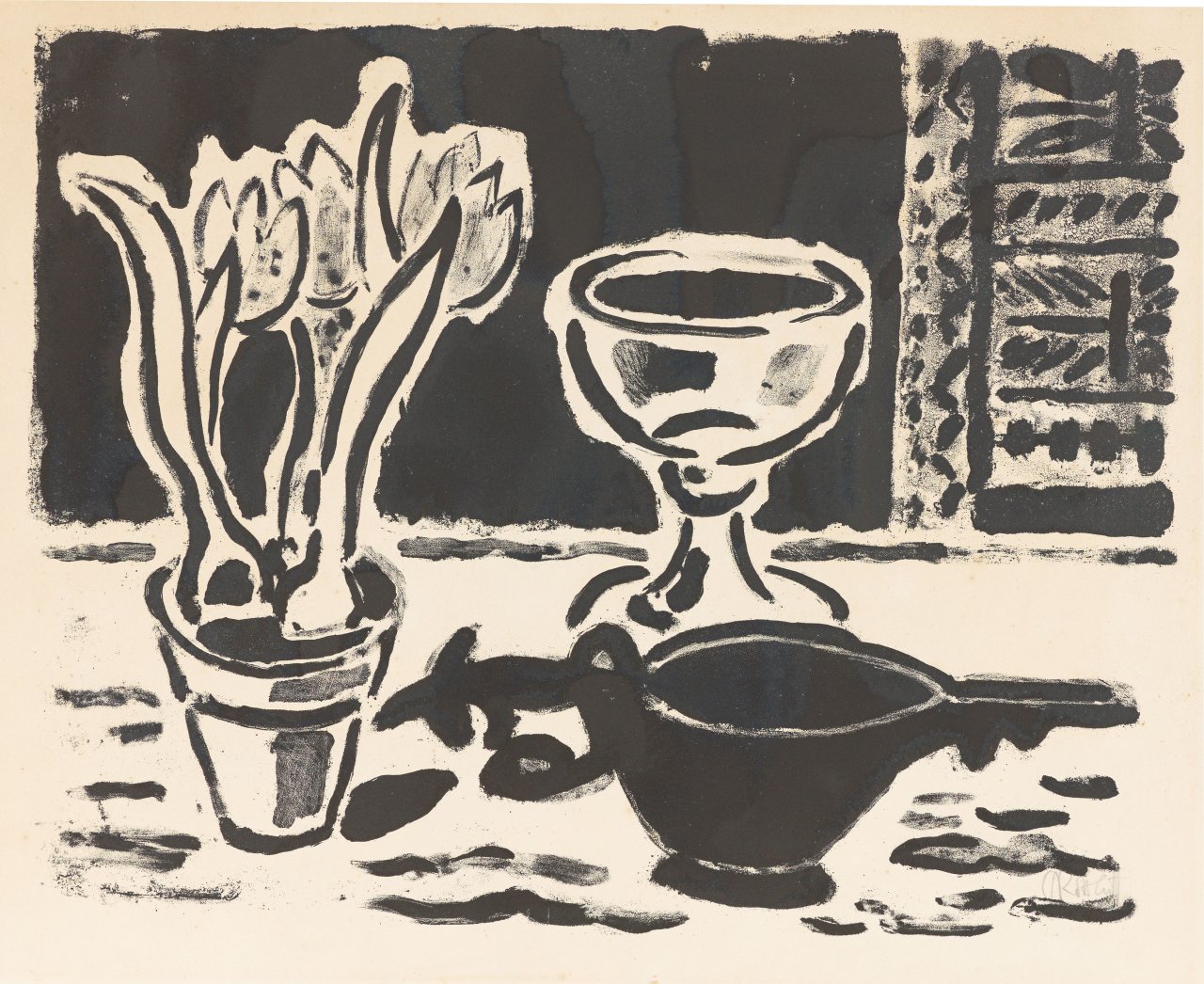 Auf diesem Bild ist das folgende Kunstwerk zu sehen: Karl Schmidt-Rottluff. „Stilleben mit Krokustopf“. 1954.