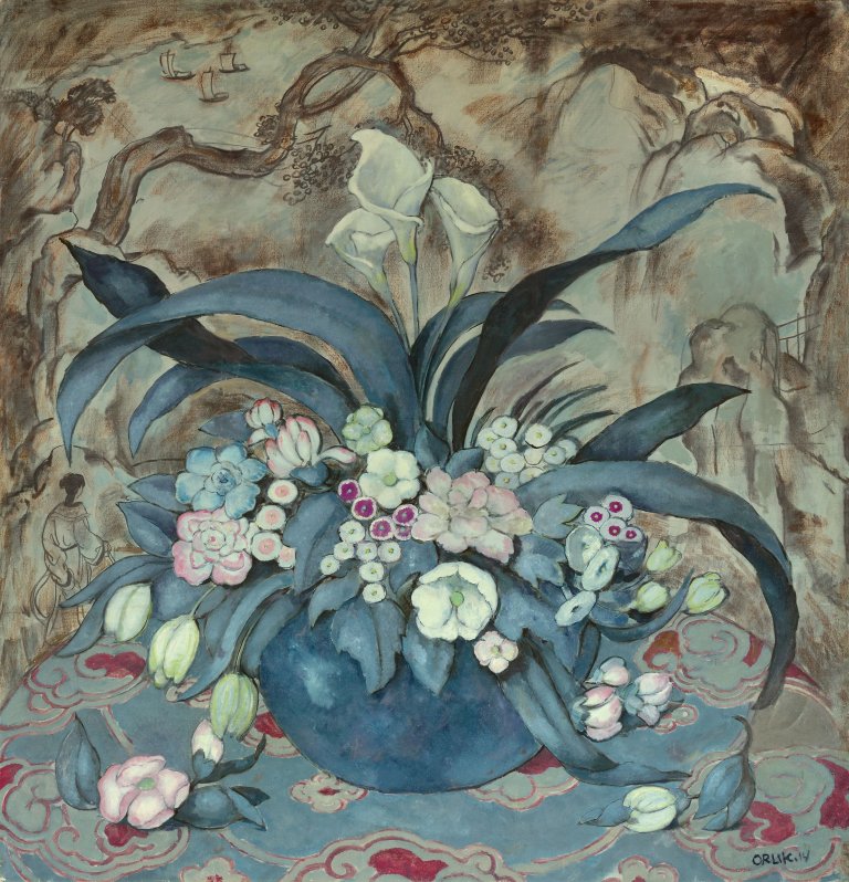 Auf diesem Bild ist das folgende Kunstwerk zu sehen: Emil Orlik. Großes Blumenstillleben in blauer Vase. 1914.