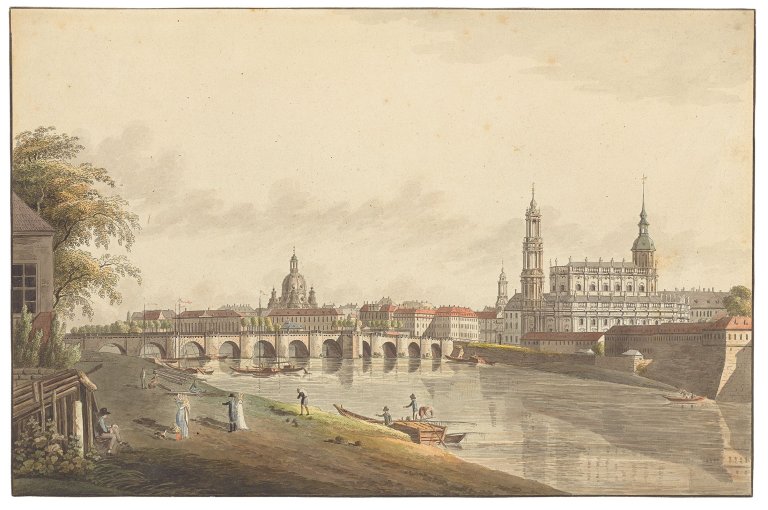 Auf diesem Bild ist das folgende Kunstwerk zu sehen:  Dresden, um 1820. Dresden vom rechten Elbufer unterhalb der Augustusbrücke („Canaletto-Blick“).