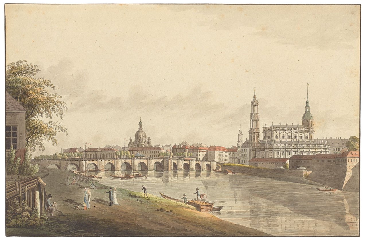 Auf diesem Bild ist das folgende Kunstwerk zu sehen:  Dresden, um 1820. Dresden vom rechten Elbufer unterhalb der Augustusbrücke („Canaletto-Blick“).