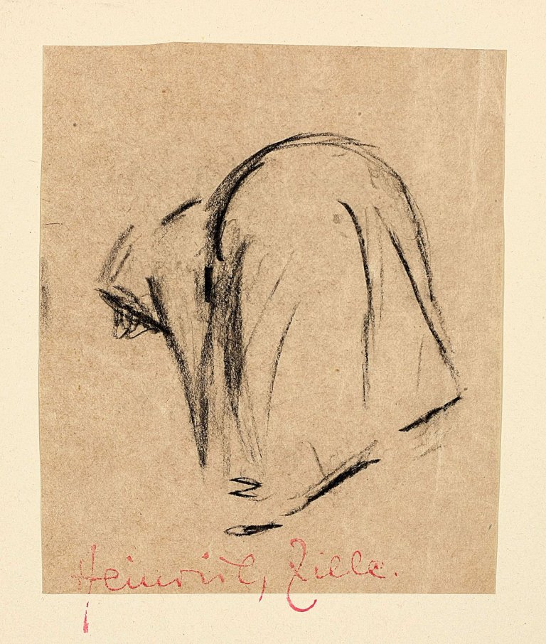 Auf diesem Bild ist das folgende Kunstwerk zu sehen: Heinrich Zille. Nach vorn gebeugte alte Frau.