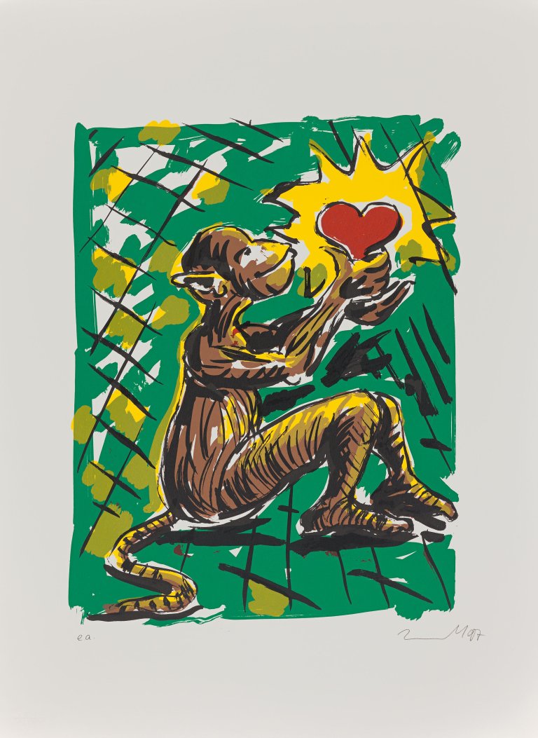 Auf diesem Bild ist das folgende Kunstwerk zu sehen: Jörg Immendorff. „Ohne Titel“ (Affe mit Herz). 1997.