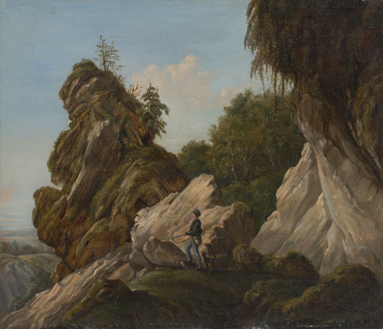 Auf diesem Bild ist das folgende Kunstwerk zu sehen: Carl Robert Kummer. „Jäger am Lilienstein (Sächsische Schweiz)“. Um 1830.