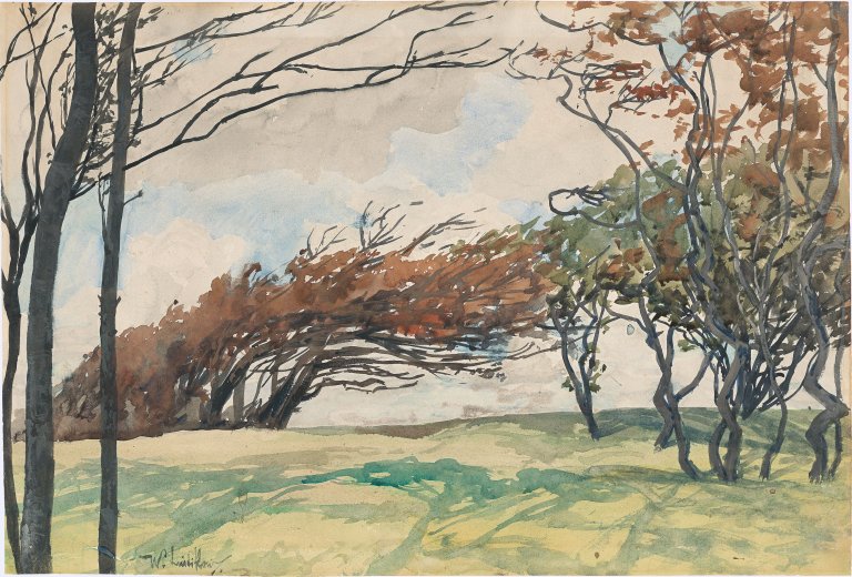 Auf diesem Bild ist das folgende Kunstwerk zu sehen: Walter Leistikow. „Verwehte Bäume (Dänemark)“. Um 1900.