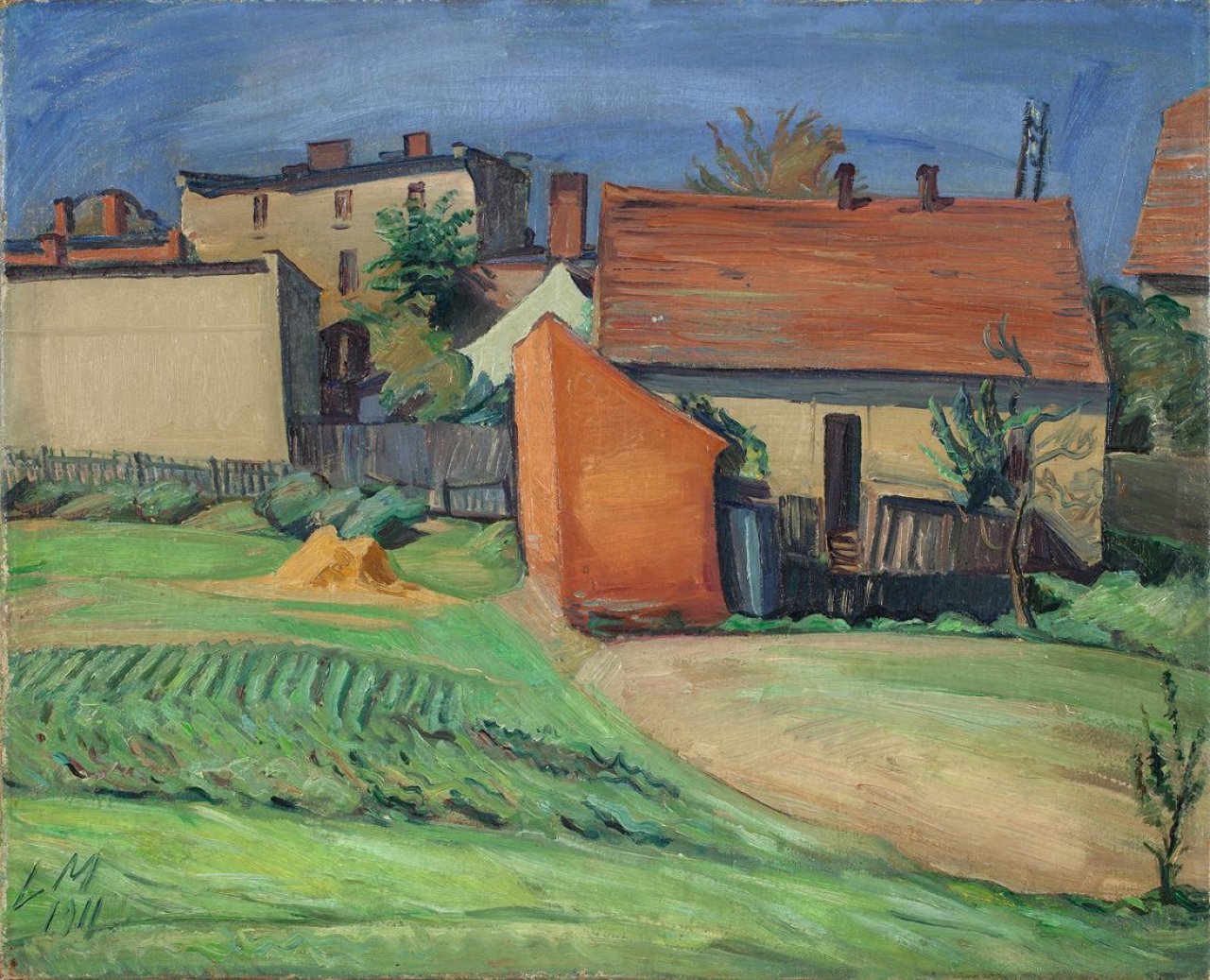 Auf diesem Bild ist das folgende Kunstwerk zu sehen: Ludwig Meidner. Blick auf Vorstadthäuser. 1911.
