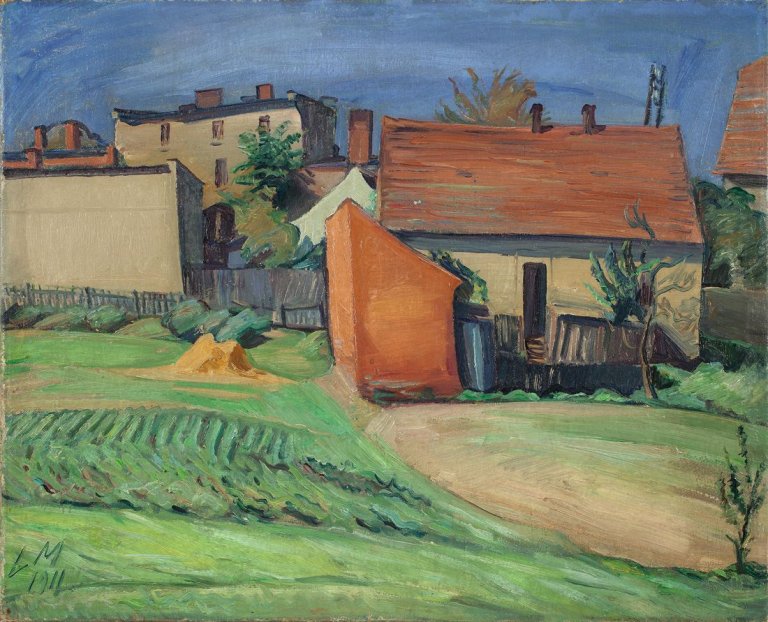 Auf diesem Bild ist das folgende Kunstwerk zu sehen: Ludwig Meidner. Blick auf Vorstadthäuser. 1911.