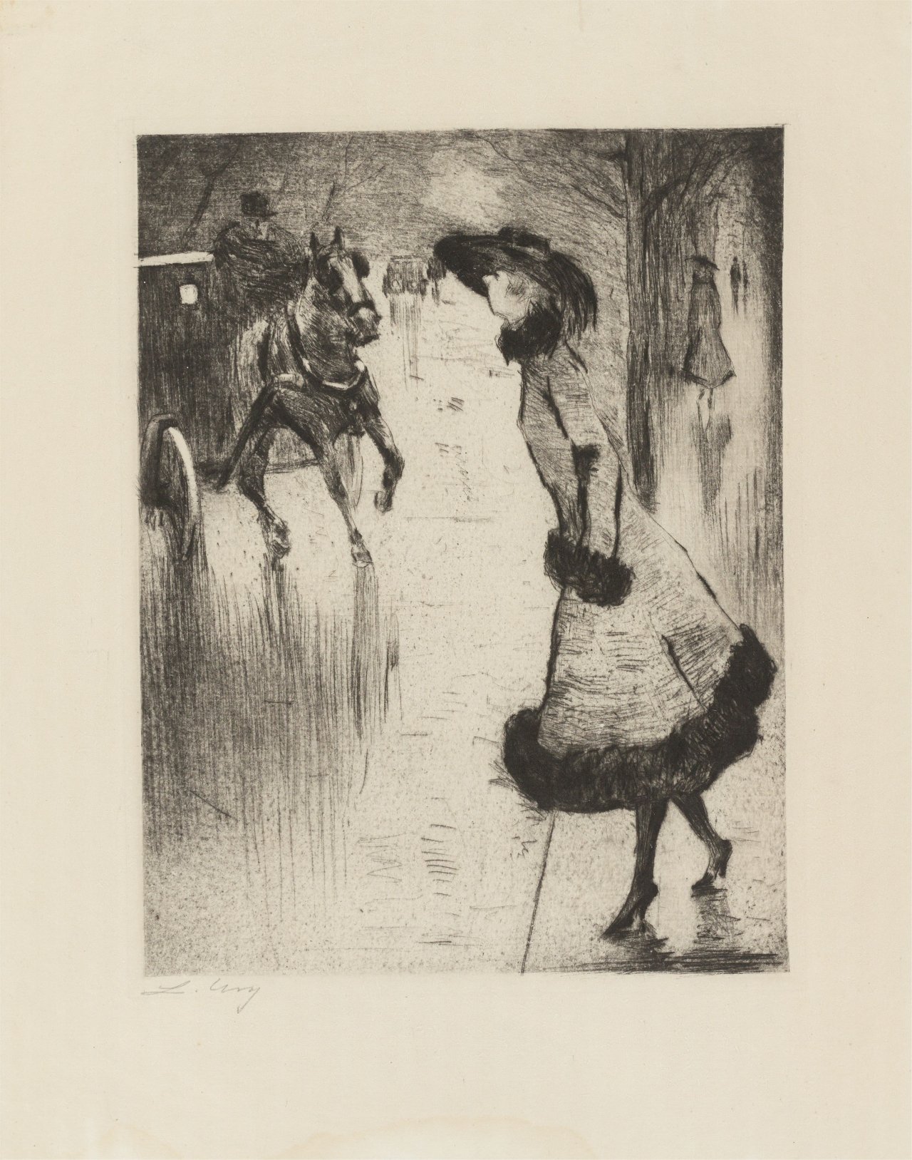 This picture shows the following artwork: Lesser Ury. „Dame, eine Pferdedroschke rufend“. Circa 1920.