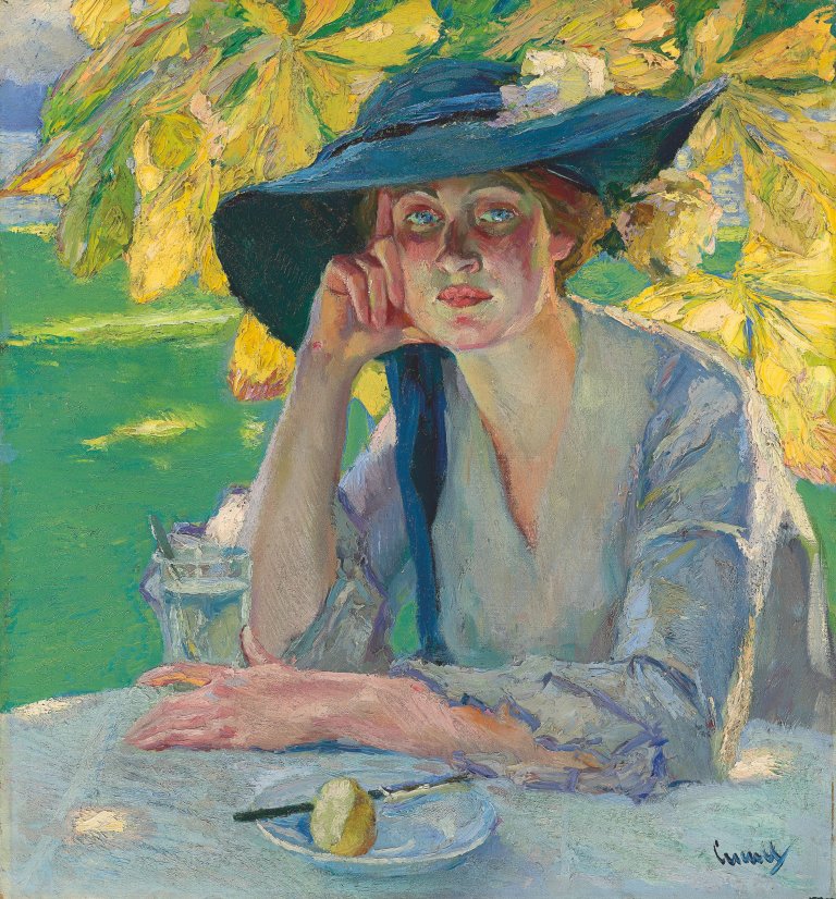 Auf diesem Bild ist das folgende Kunstwerk zu sehen: Edward Cucuel. Damenbildnis (Ein kühler Winkel). (Vor) 1926.