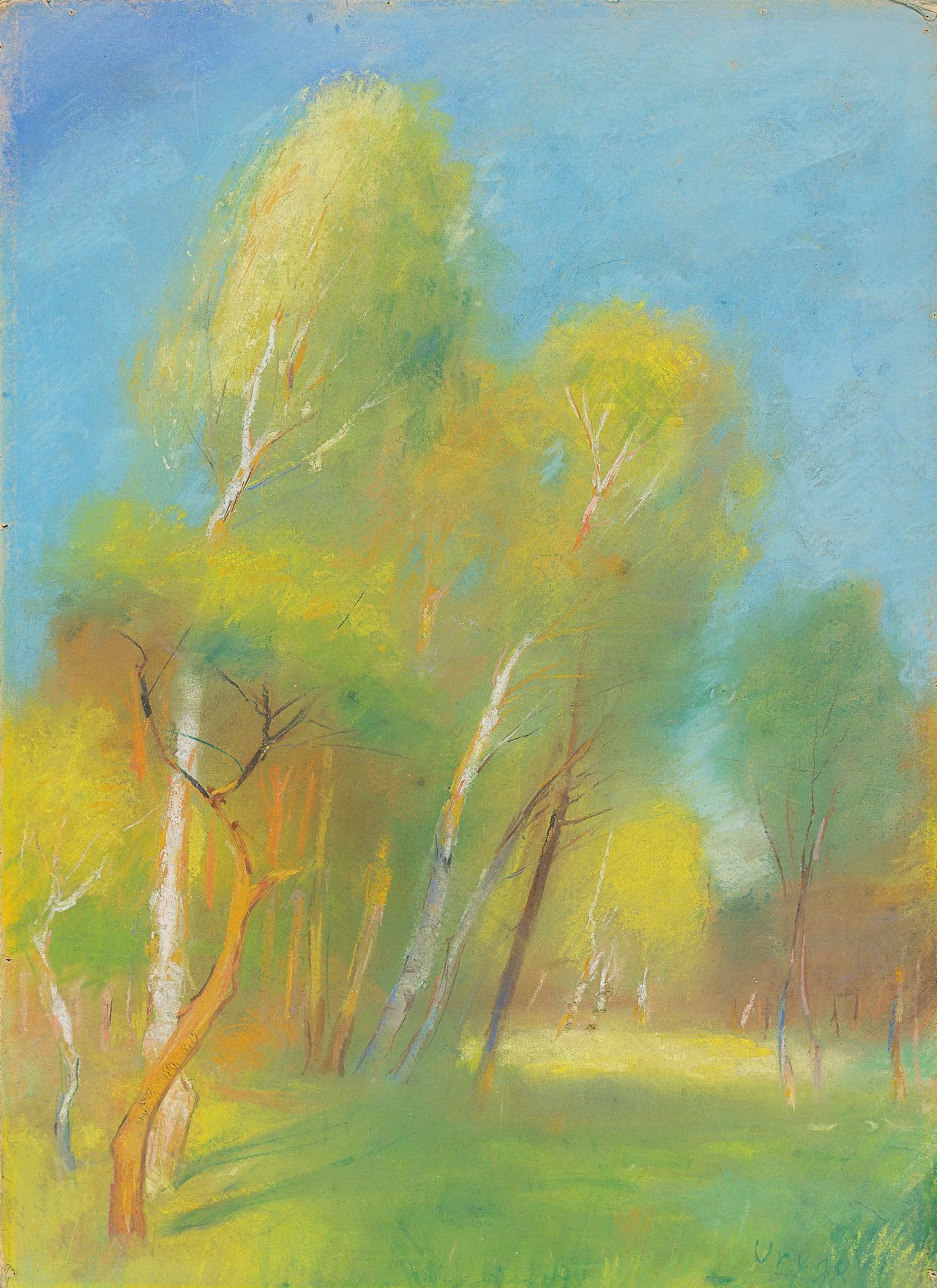 Auf diesem Bild ist das folgende Kunstwerk zu sehen: Lesser Ury. „Birkenwald im Frühling“. 1890er-Jahre.