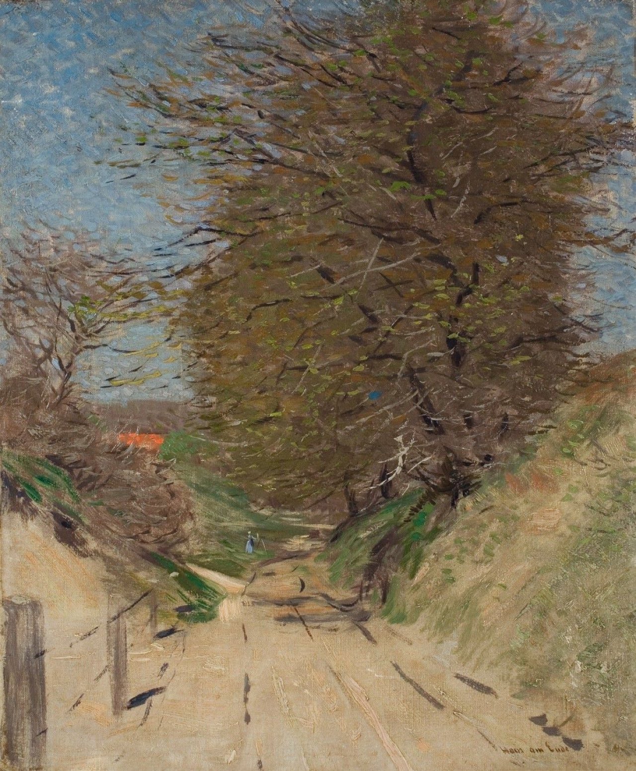 Auf diesem Bild ist das folgende Kunstwerk zu sehen: Hans am Ende. Feldweg mit Bäumen. Um 1910.