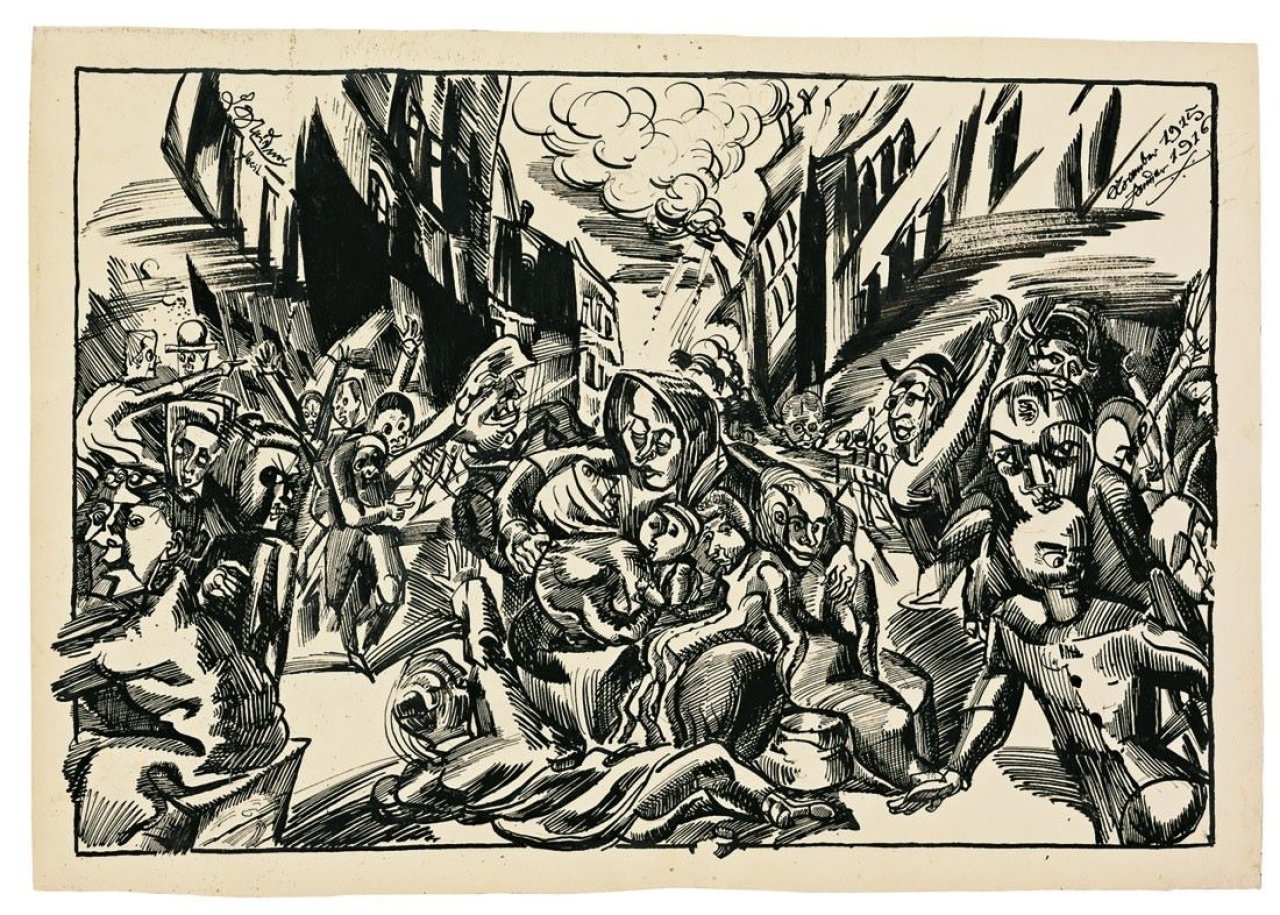 Auf diesem Bild ist das folgende Kunstwerk zu sehen: Ludwig Meidner. Apokalyptische Szene - Flucht aus der Stadt. 1915/16.