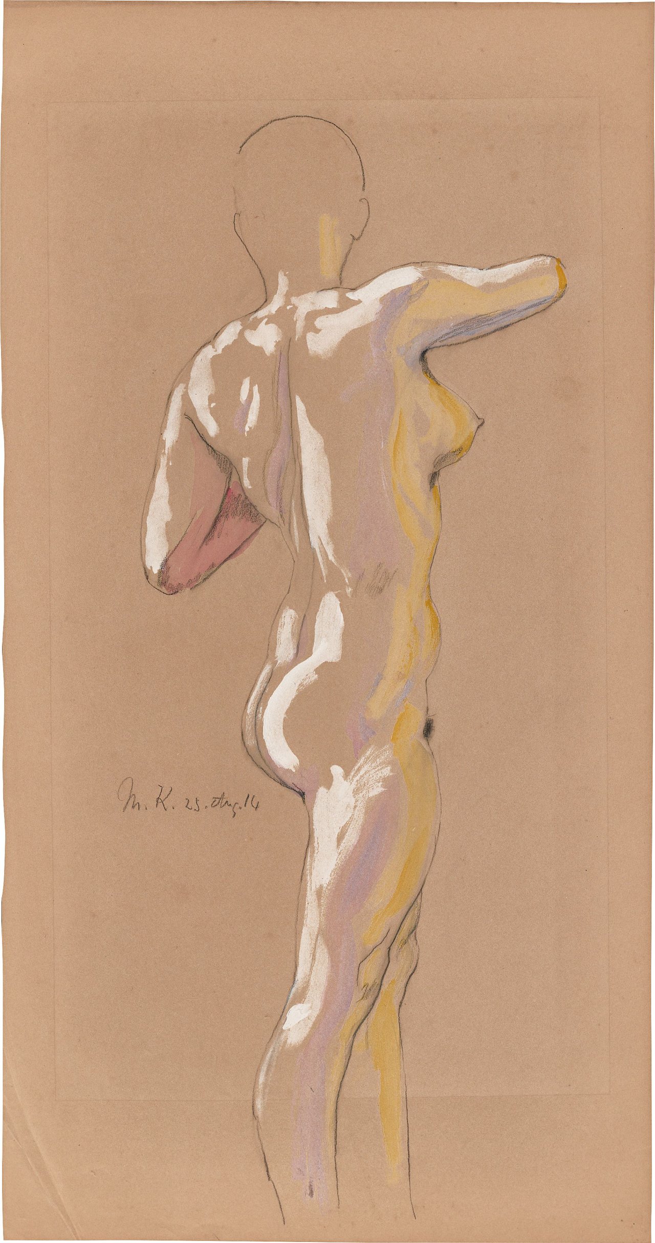 Auf diesem Bild ist das folgende Kunstwerk zu sehen: Max Klinger. Studie eines stehenden weiblichen Rückenakts. 1914.