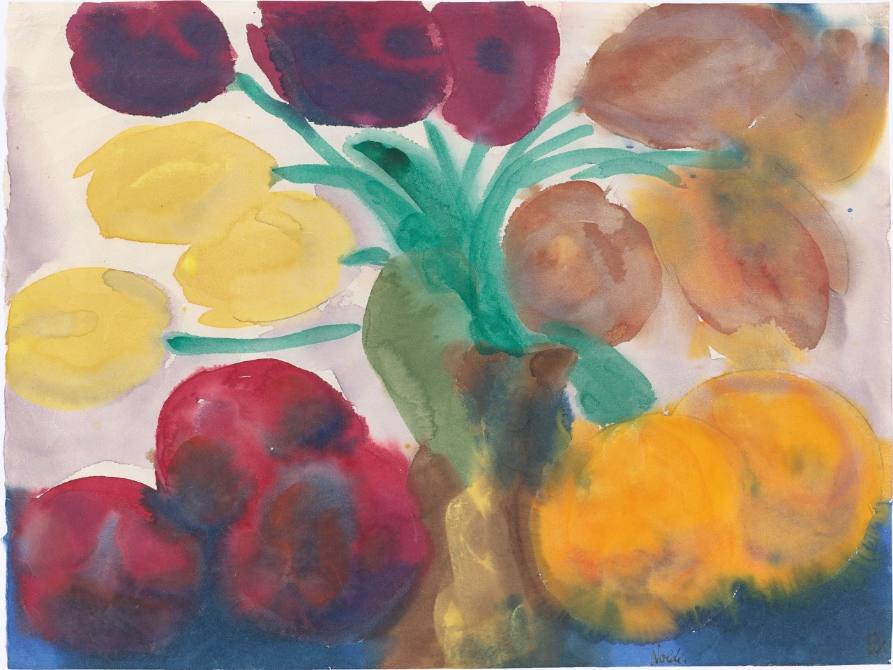 This picture shows the following artwork: Emil Nolde. Stillleben mit Tulpen und Früchten. (before) 1925.