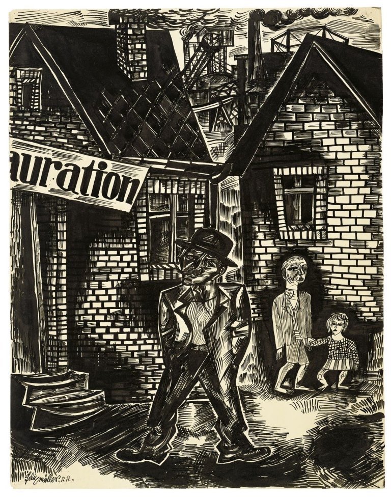 Auf diesem Bild ist das folgende Kunstwerk zu sehen: Conrad Felixmüller. „Vor der Kneipe - Arbeitslos“. 1922.