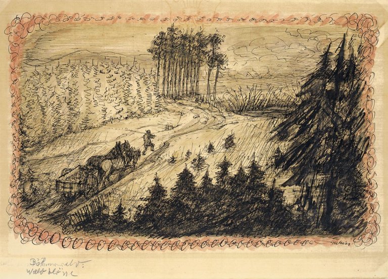 Auf diesem Bild ist das folgende Kunstwerk zu sehen: Alfred Kubin. „Böhmerwald Waldblösse“. 1940.