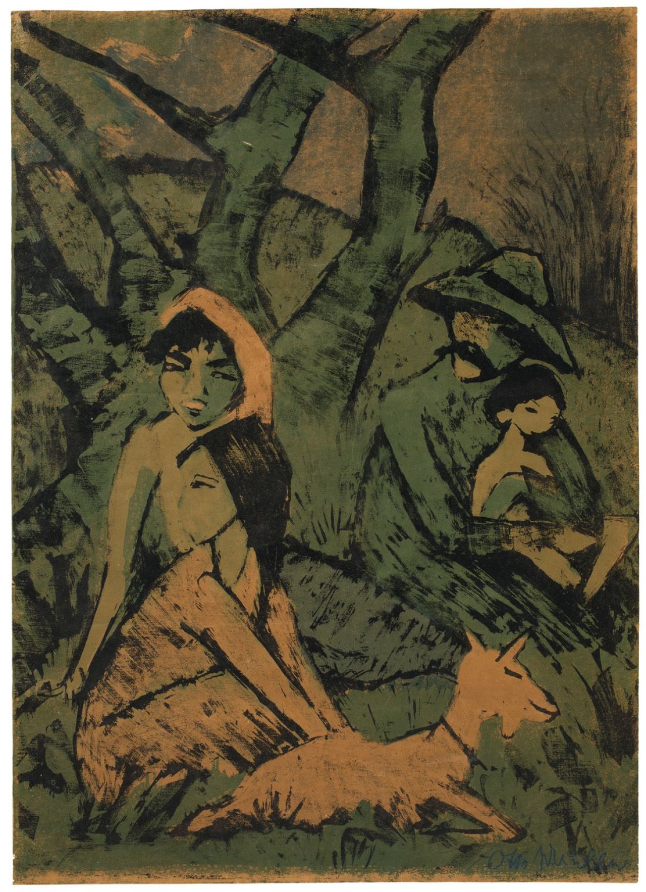 Auf diesem Bild ist das folgende Kunstwerk zu sehen: Otto Mueller. „Lagernde Zigeunerfamilie mit Ziege“. 1926/27.
