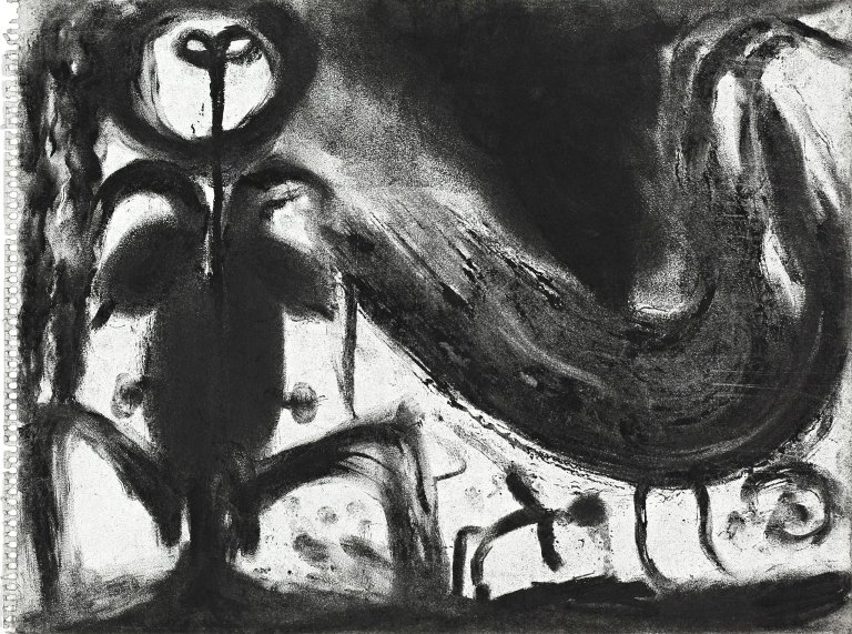 Auf diesem Bild ist das folgende Kunstwerk zu sehen: Miriam Cahn. L.I.S. mit Vogel (Lesen im Staub). Um 1987.