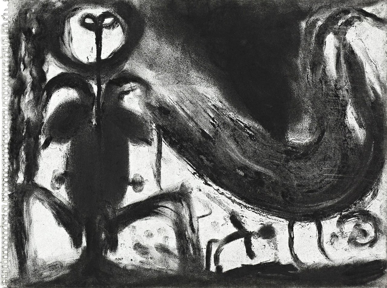 Auf diesem Bild ist das folgende Kunstwerk zu sehen: Miriam Cahn. L.I.S. mit Vogel (Lesen im Staub). Um 1987.