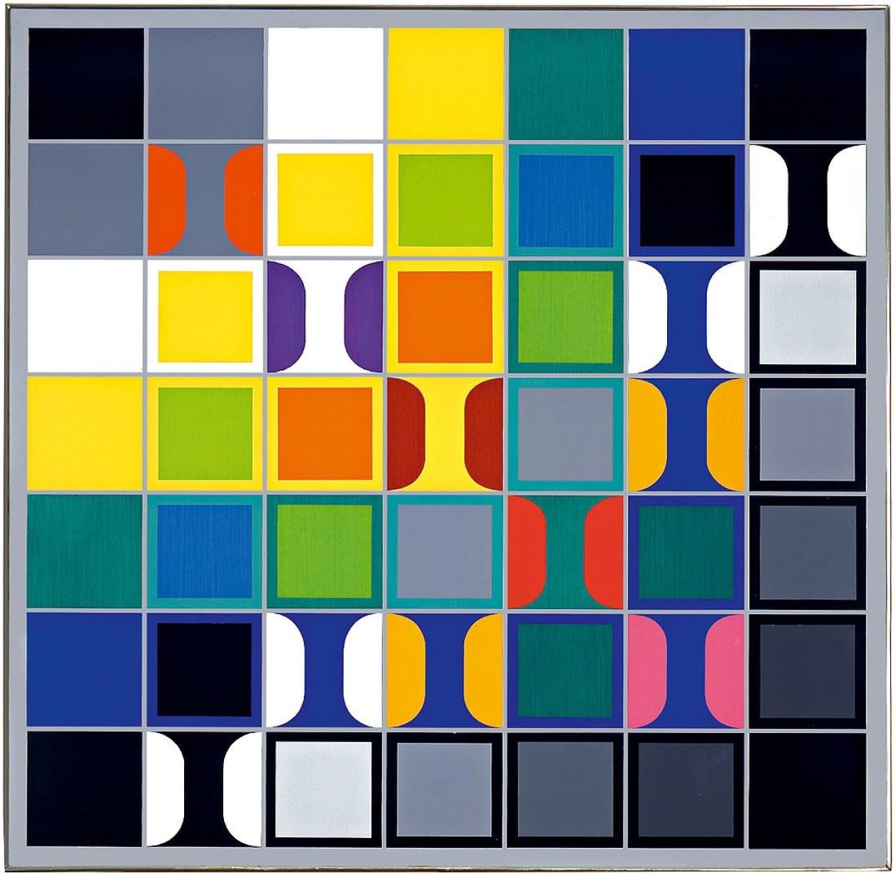 Auf diesem Bild ist das folgende Kunstwerk zu sehen: Heinz Kreutz. „49 Quadrate über Schwarz, Grau und Weiss“. 1970.