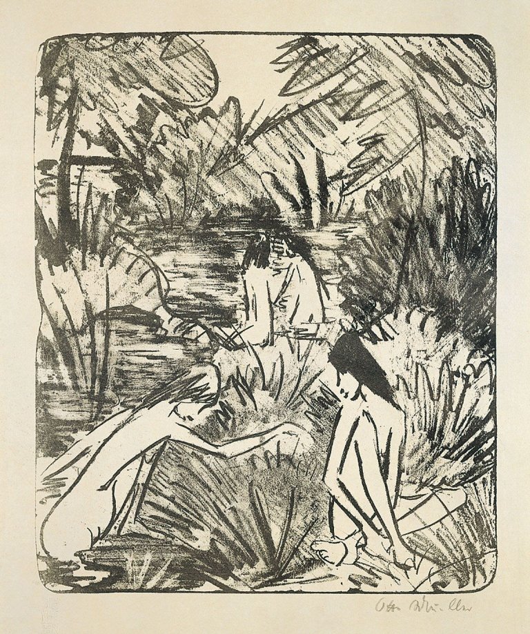 Auf diesem Bild ist das folgende Kunstwerk zu sehen: Otto Mueller. „Waldsee mit drei badenden und einem sitzenden Mädchen 2“. 1918.