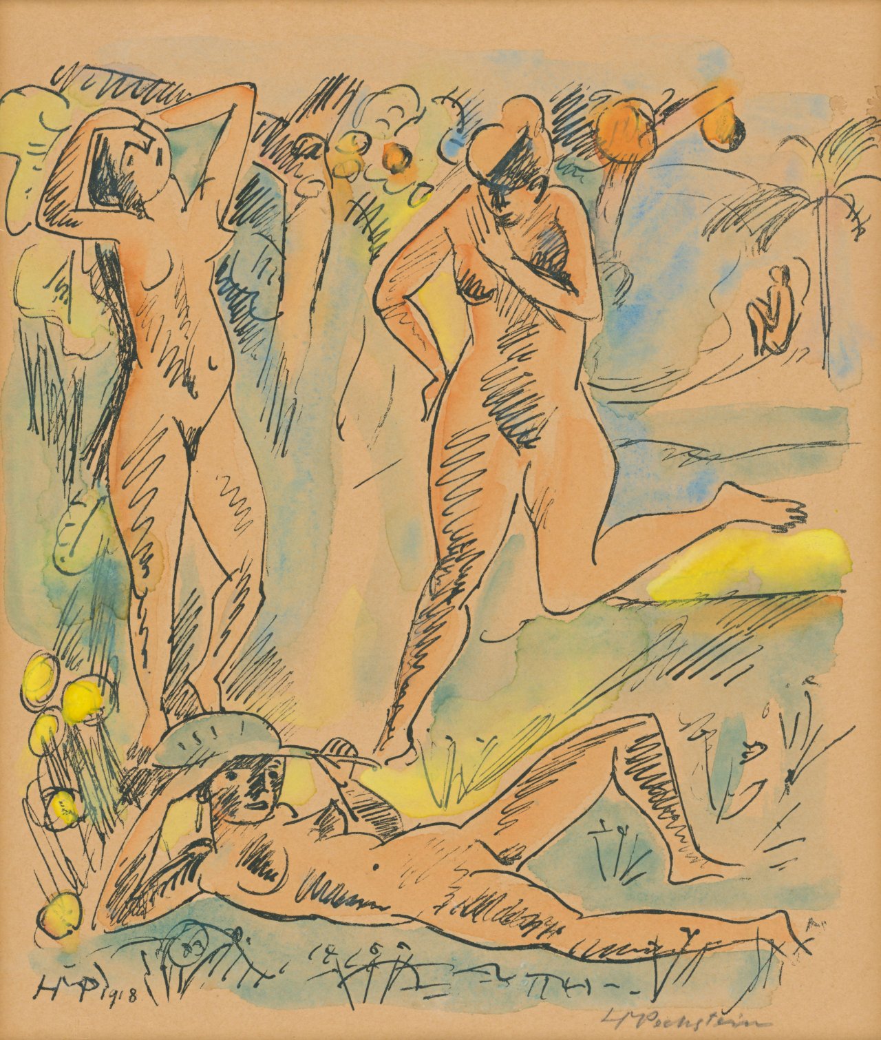 Auf diesem Bild ist das folgende Kunstwerk zu sehen: Max Pechstein. „Komposition (mit drei Palauakten)“. 1918.