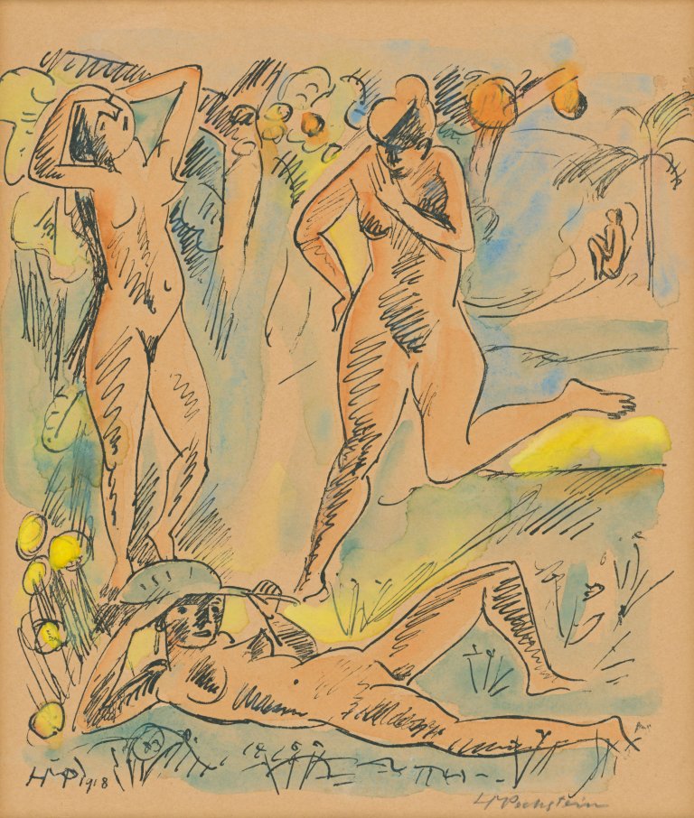 Auf diesem Bild ist das folgende Kunstwerk zu sehen: Max Pechstein. „Komposition (mit drei Palauakten)“. 1918.