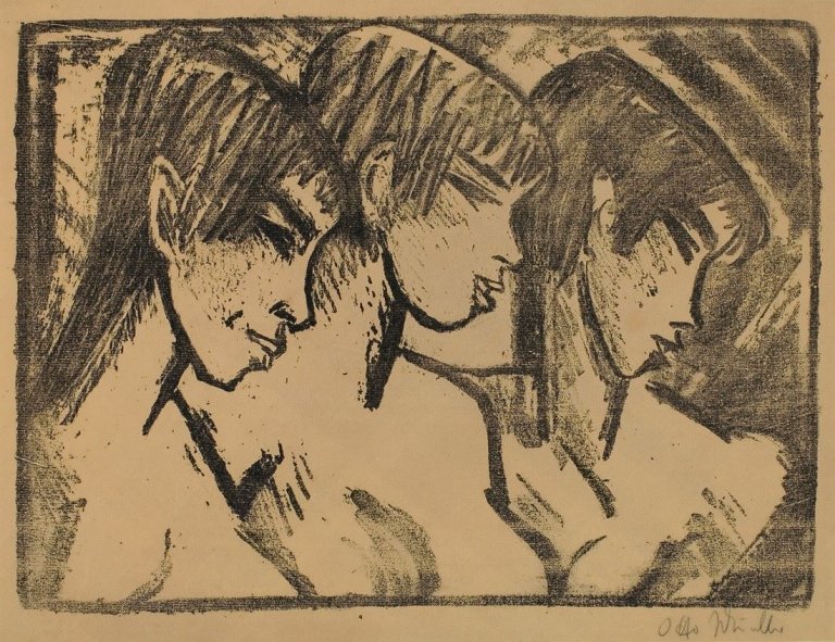 Auf diesem Bild ist das folgende Kunstwerk zu sehen: Otto Mueller. „Drei Mädchen im Profil (Drei Mädchenköpfe)“. 1921.