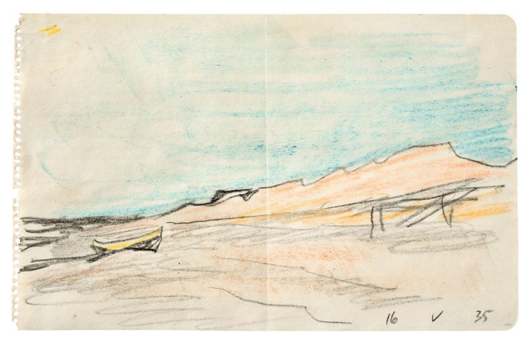Auf diesem Bild ist das folgende Kunstwerk zu sehen: Lyonel Feininger. Ohne Titel (Boot am Strand). 1935.