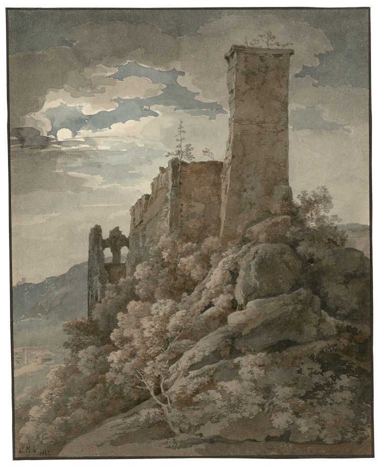 Auf diesem Bild ist das folgende Kunstwerk zu sehen: Christian Bernhard Morgenstern. Burgruine Hals im Mondschein. 1852.