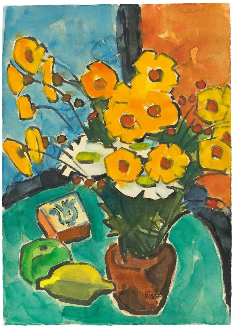 Auf diesem Bild ist das folgende Kunstwerk zu sehen: Karl Schmidt-Rottluff. „Gelbe Blumen“. 1961.