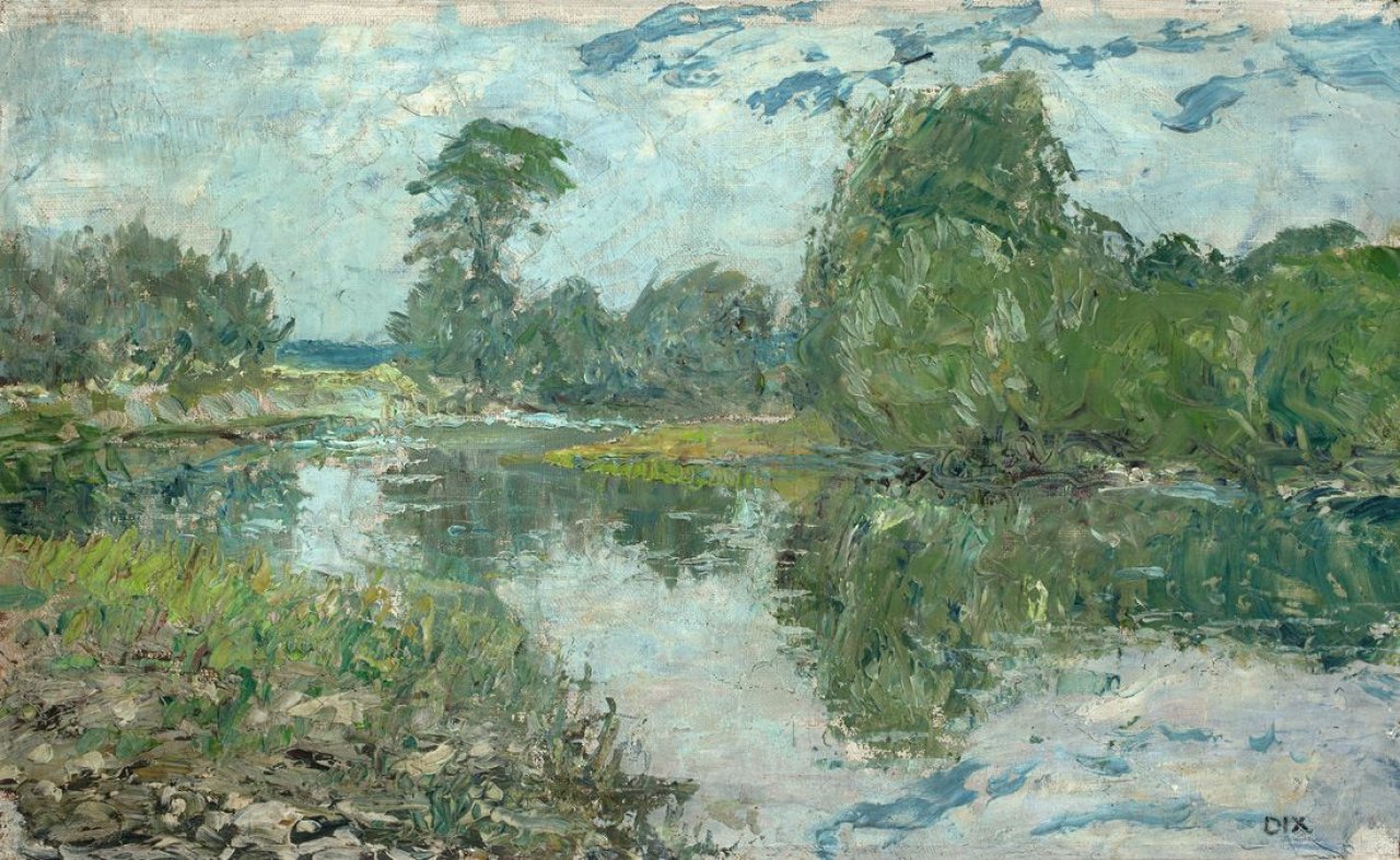 Auf diesem Bild ist das folgende Kunstwerk zu sehen: Otto Dix. Flußlandschaft (Gera?). Um 1910.