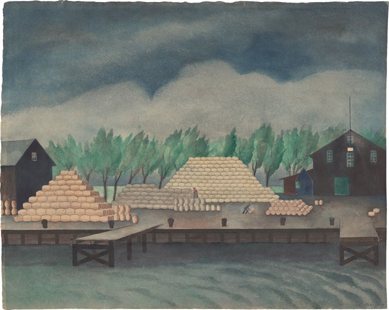 Auf diesem Bild ist das folgende Kunstwerk zu sehen: Ima Breusing. Lagerhalle am Wasser. Ende 1920er-Jahre.