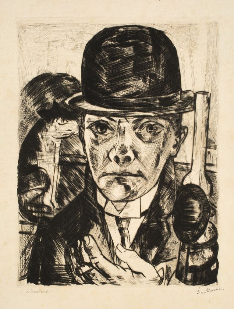 Auf diesem Bild ist das folgende Kunstwerk zu sehen: Max Beckmann. „Selbstbildnis mit steifem Hut“. 1921.