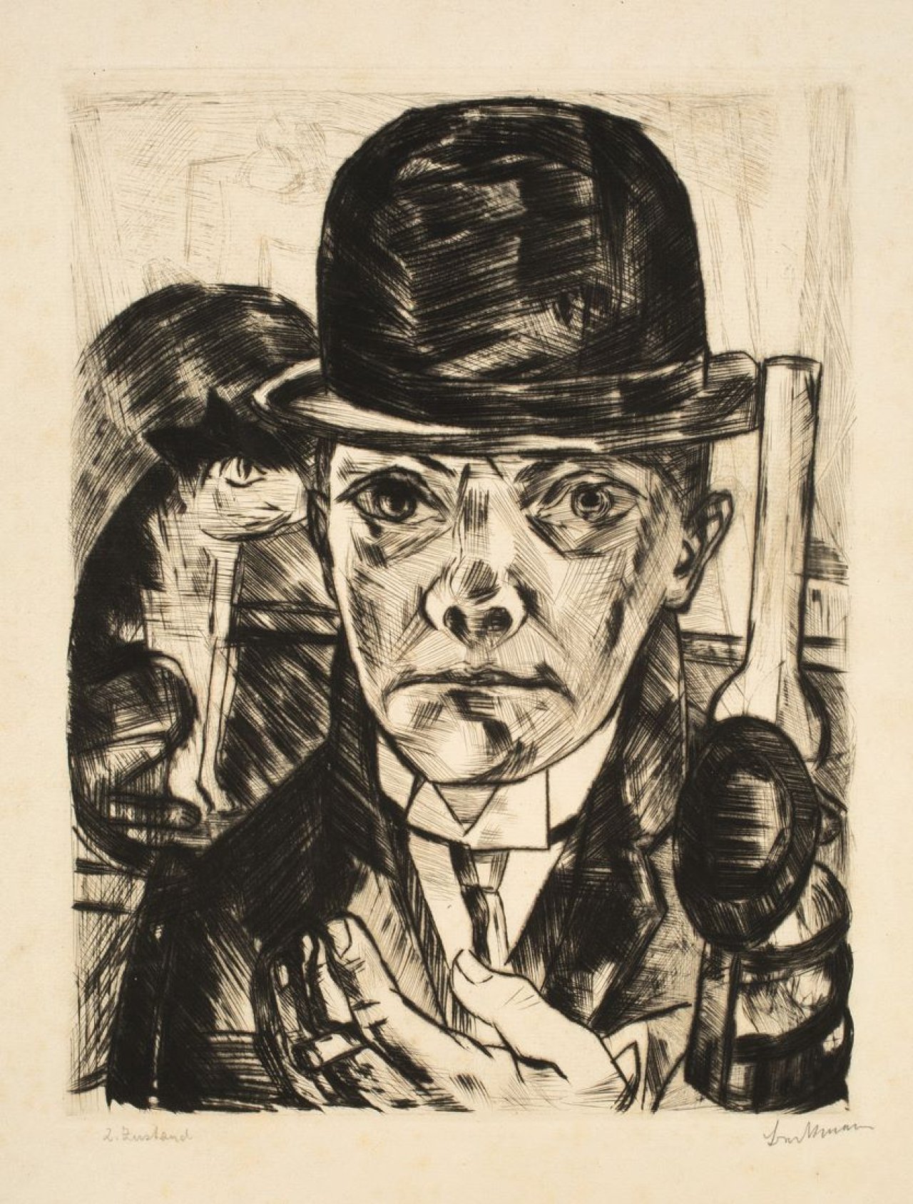 Auf diesem Bild ist das folgende Kunstwerk zu sehen: Max Beckmann. „Selbstbildnis mit steifem Hut“. 1921.
