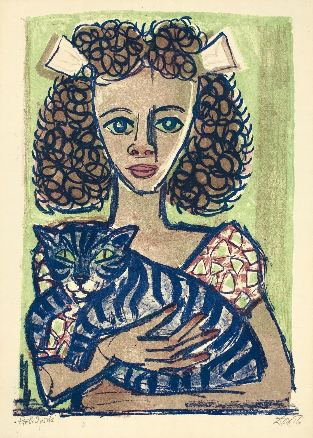 Auf diesem Bild ist das folgende Kunstwerk zu sehen: Otto Dix. „Mädchen mit Katze I (Kopf geradeaus)“. 1956.