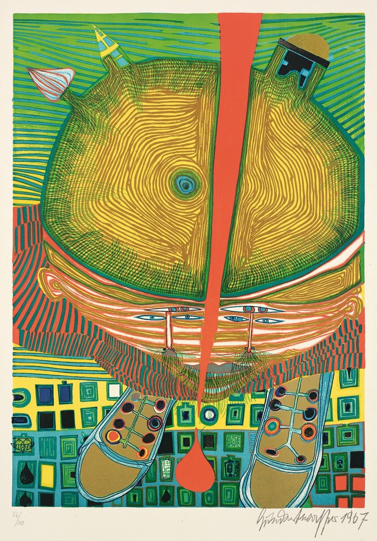 Auf diesem Bild ist das folgende Kunstwerk zu sehen: Friedensreich Hundertwasser. „Der Knabe mit den grünen Haaren“. 1967.