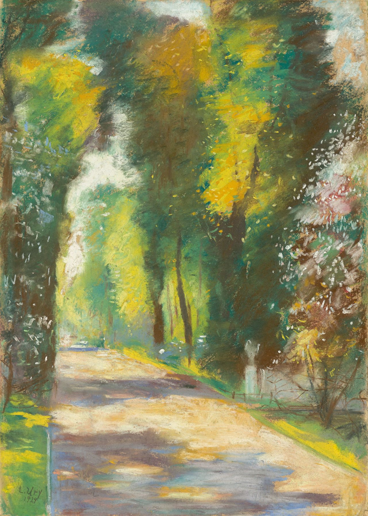 This picture shows the following artwork: Lesser Ury. „Sonniger Parkweg (Hauptallee im Park Sanssouci, Potsdam?)“. 1924.