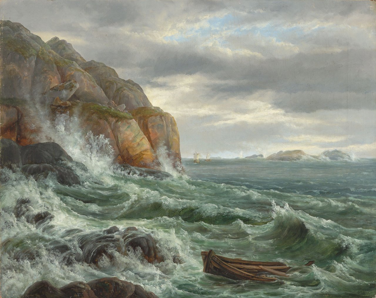 Auf diesem Bild ist das folgende Kunstwerk zu sehen: Johan Christian Clausen Dahl (zugeschrieben). Stürmisches Meer an einer Felsenküste.