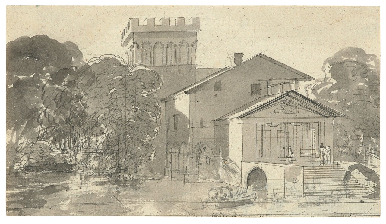 This picture shows the following artwork:  German, circa 1830. Building at the Water's Edge, with Rowing Boat.