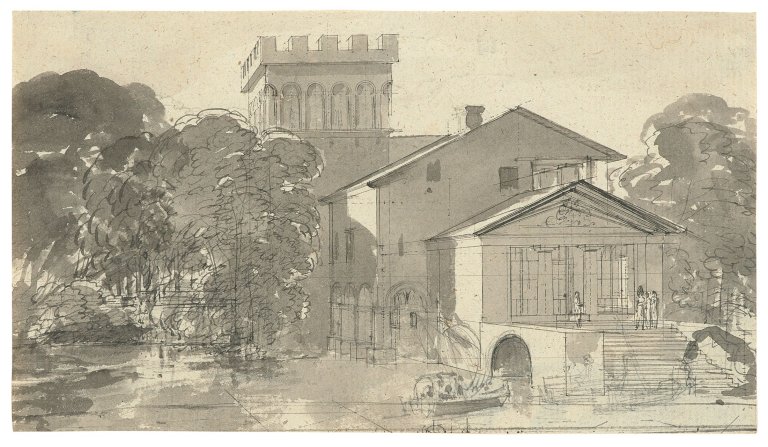 Auf diesem Bild ist das folgende Kunstwerk zu sehen:  Deutsch, um 1830. Gebäude am Wasser mit Ruderboot.