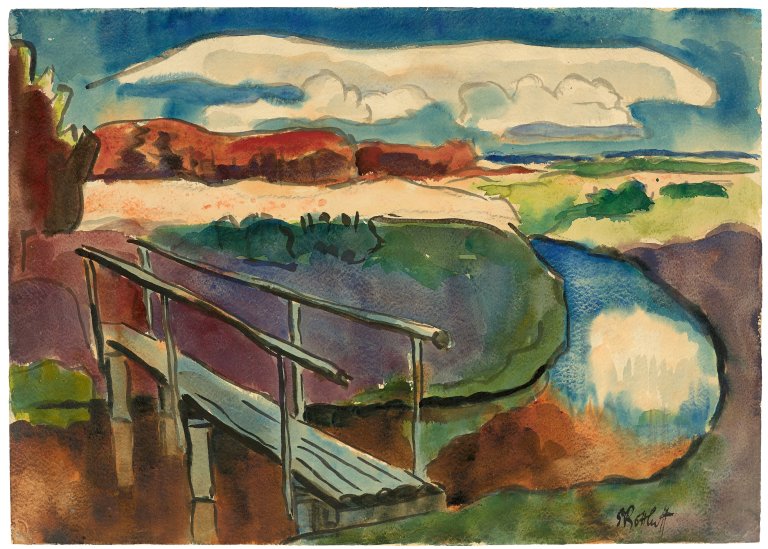 Auf diesem Bild ist das folgende Kunstwerk zu sehen: Karl Schmidt-Rottluff. Landschaft am Lebasee. Um 1935/38.