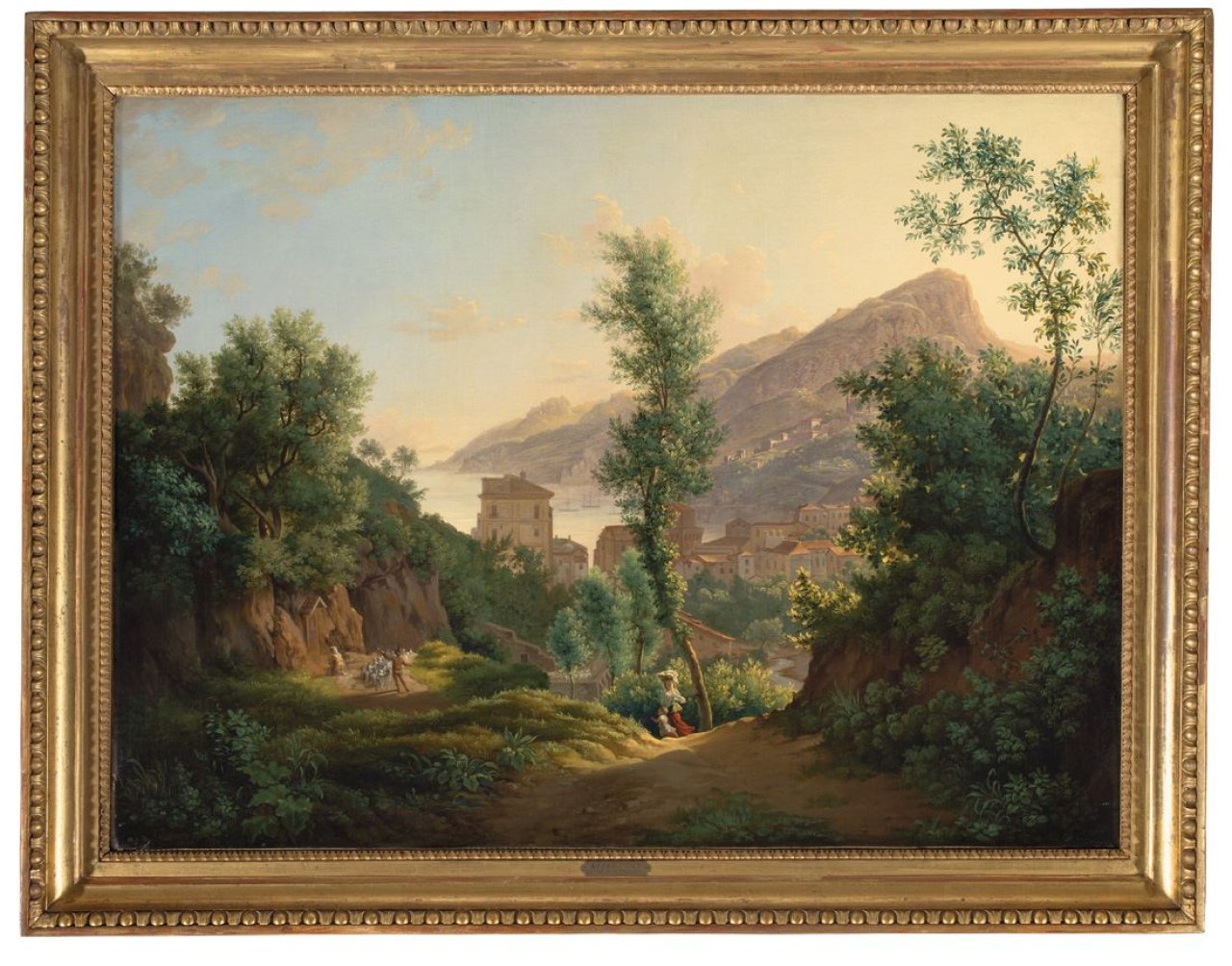 Auf diesem Bild ist das folgende Kunstwerk zu sehen: Josef Rebell. Ansicht der Stadt Vietri mit dem Blick auf Rieti und den Meerbusen von Salerno. Nach 1819.