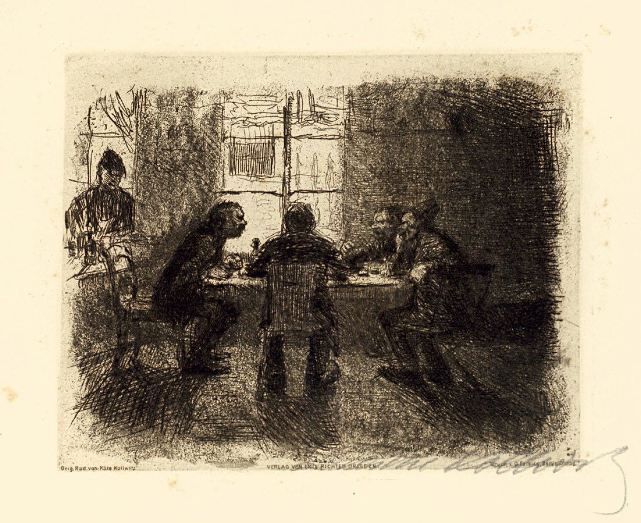 Auf diesem Bild ist das folgende Kunstwerk zu sehen: Käthe Kollwitz. „Vier Männer in der Kneipe“. 1892/1897.